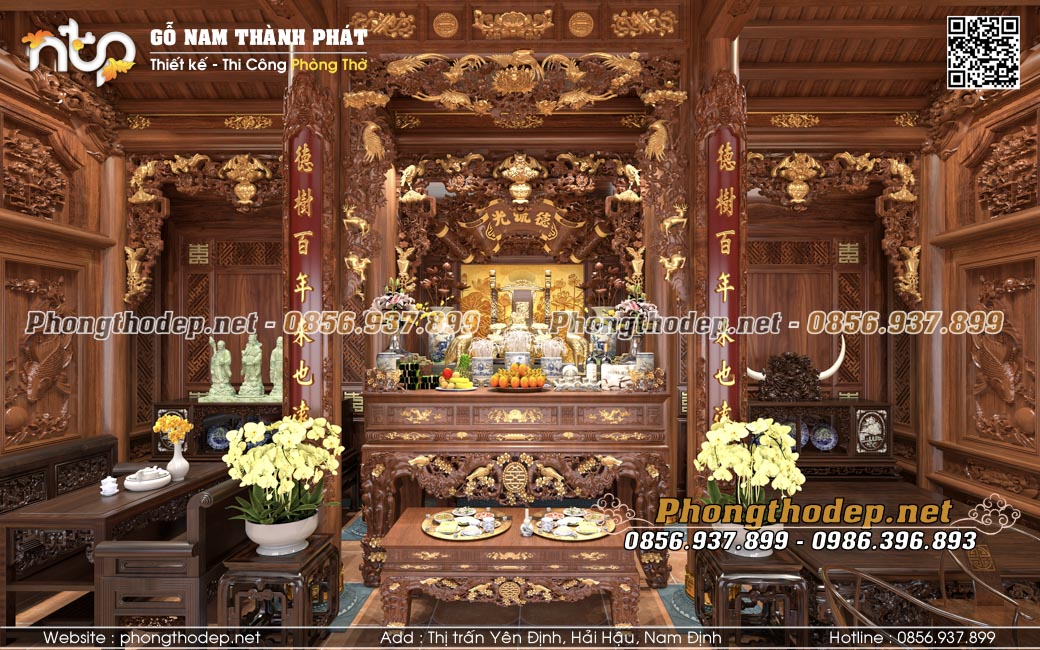 Nội thất gian giữa nhà gỗ 5 gian trên tầng 2